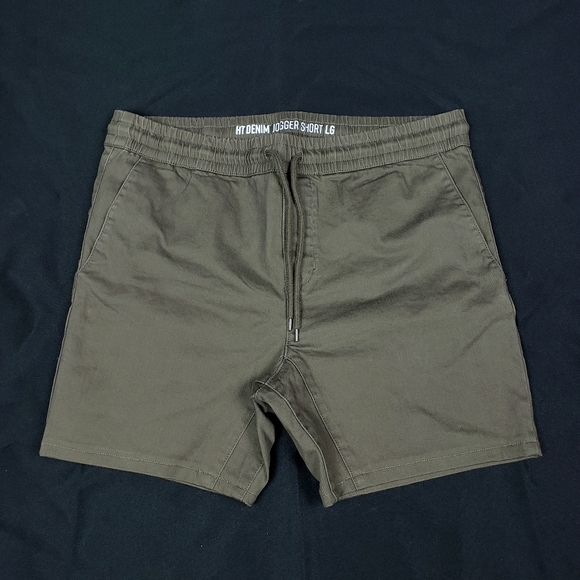 Army Green Drawstring Jogger Shorts Stretch Fabric 6 Inch Inseam Slim Fit - Picture 1 of 4